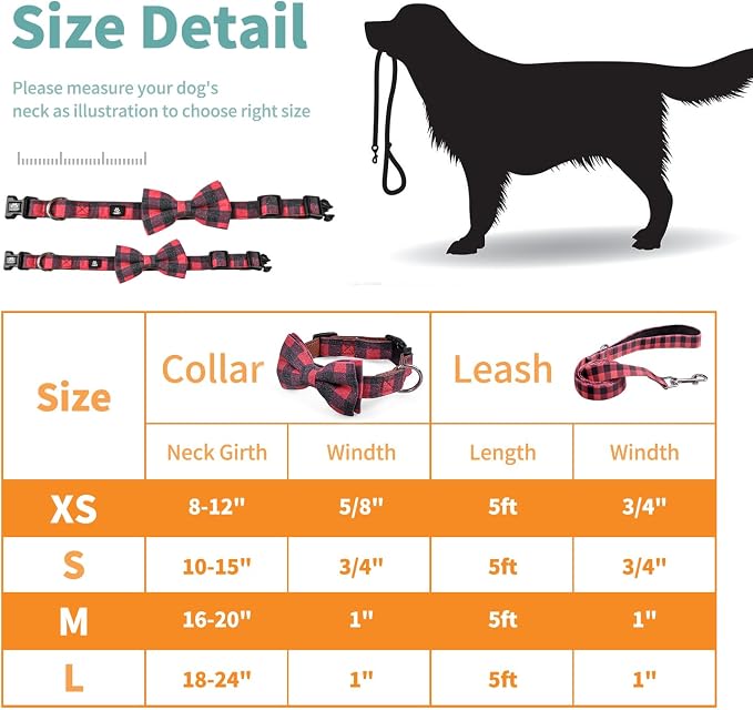 IVY&LANE Dog Collar with Bowtie and Leash Set | Plaid Adjustable Dog Collar | Detachable Bow Tie |5 FT Dog Leash | for Small Medium Large Dogs | Checkered Red | Large