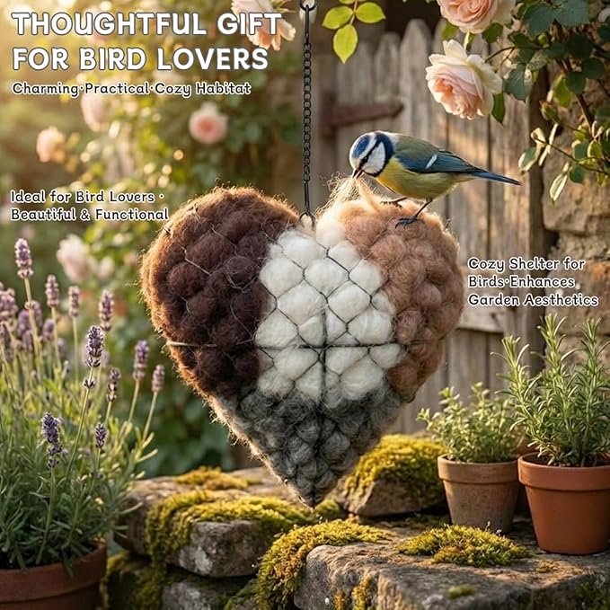 Handmade Alpaca Fiber Bird Nesting Heart, Heart-Shaped Hummingbird nest that can be Filled with Nesting Material, Winter Tree Shelter for Wild Bird, Bird's Nest Material Storage Box