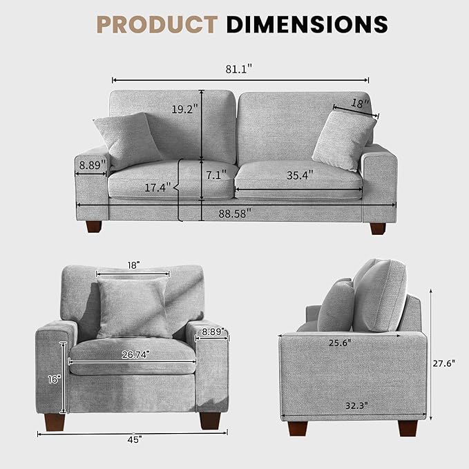 DOPEDIO Modern Living Room Sofa Set, 88.58" Chenille Loveseat