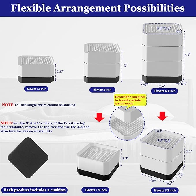 Bed Risers Heavy Duty, Adjustable Furniture Riser Blocks Lift 1.5, 4.3 inches