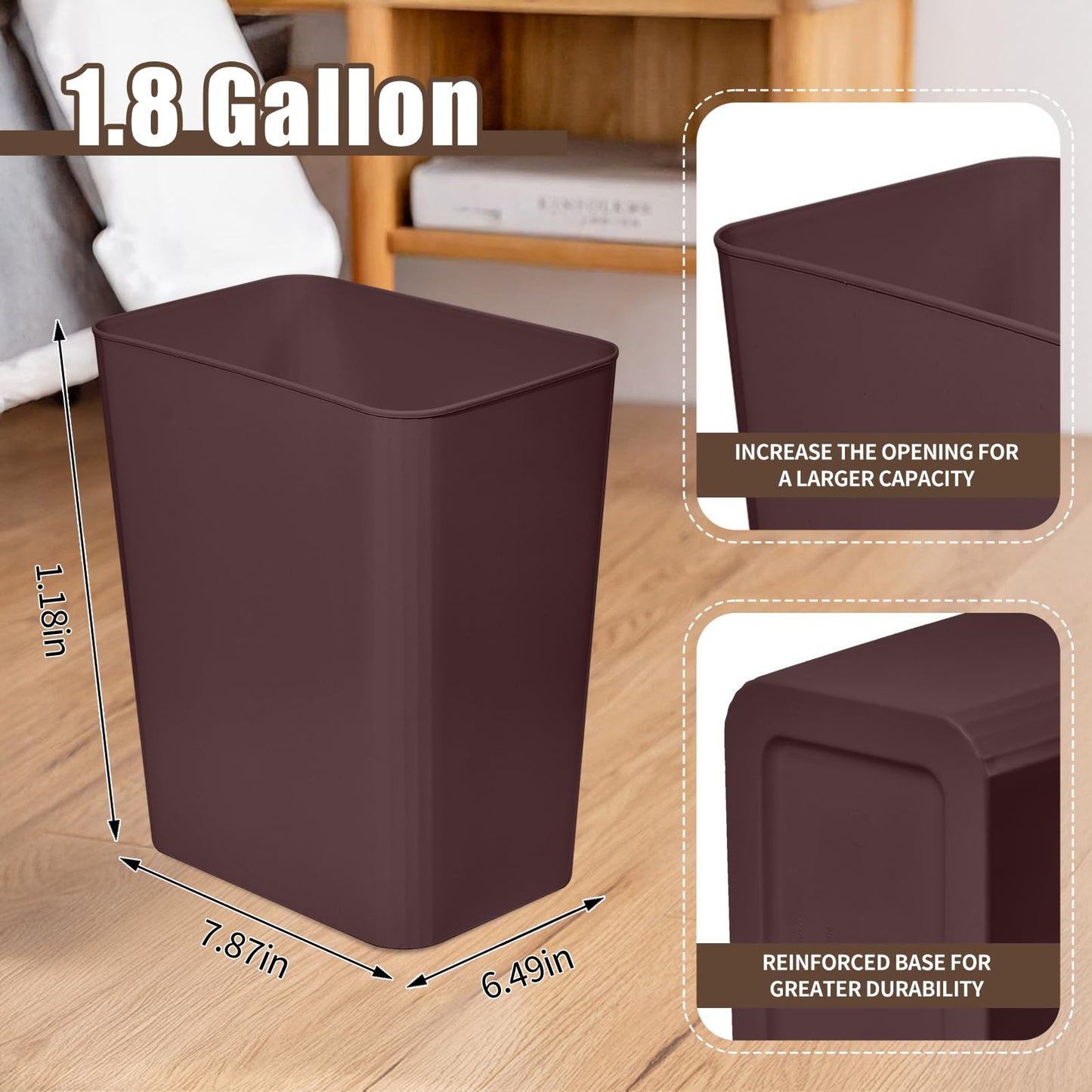 TEIUKAX Plastic Trash Can Waste Basket Bin - 3.5 Gallon - for Office, Home, Bathroom, Kitchen, Dormitory - Brown
