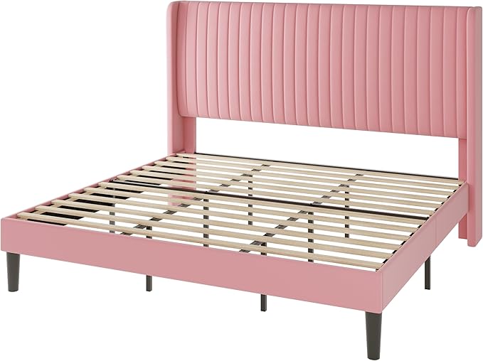 Allewie King Size Velvet Bed Frame/Vertical Channel Tufted Wingback