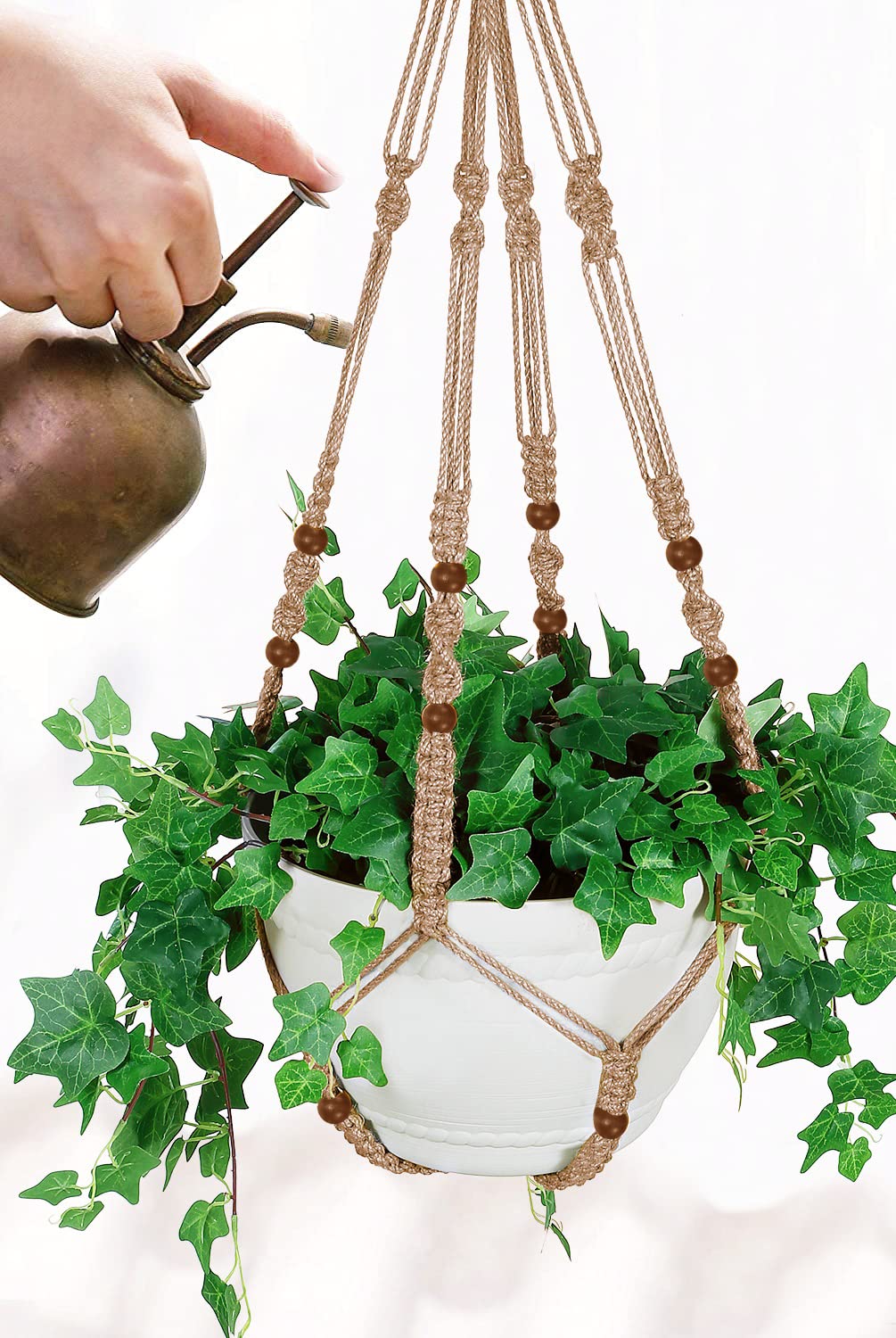 Shineloha 43 Inches Macrame Planter Hanger Large for 12 inch Pot + Swag Hook (Extra Long & Big) | Large Hanging Planter for Indoor Plants | No Tassel, Cotton Rope, NO Pot/Plant Included (Jute)(XL)