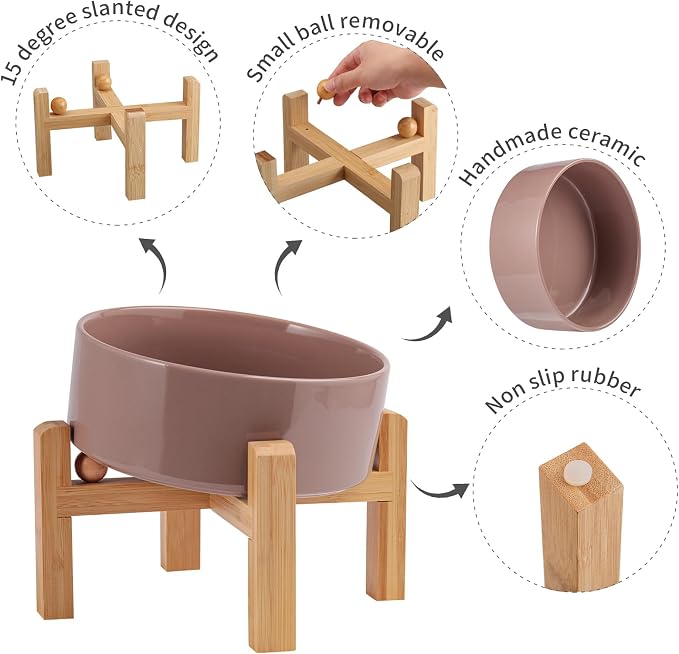 Khaki Elevated/Raised 15°Tilted Anti Slip Ceramic Dog Bowl for Small/Medium Breeds,Slanted Bulldog Big Face Pet Food Water Feeding Dish with Stand for Cats and Dogs (3.6 Cups/28 OZ)