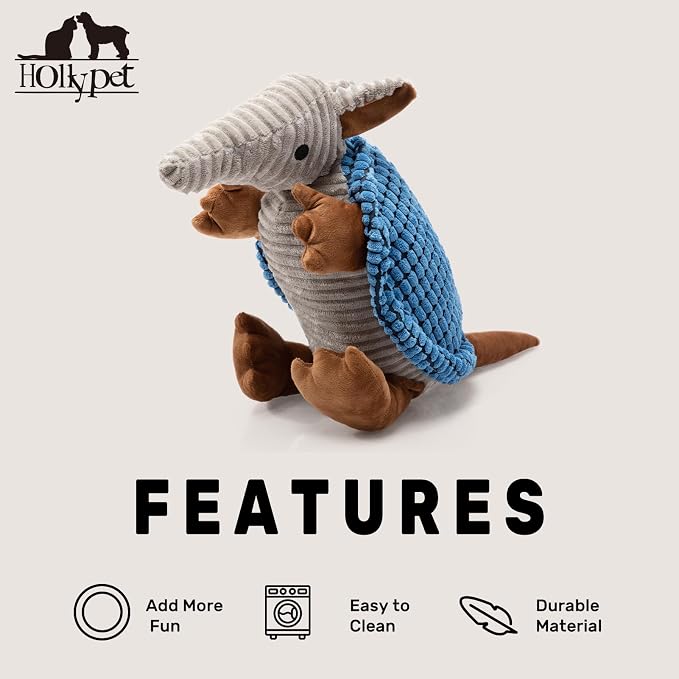 Hollypet Plush Dog Squeaky Toy Stuffed Armadillo Animal Pet Puppy Chew Toys with Clean Teeth for Small Medium Large All Breed Sizes Dogs, Blue, 14 in
