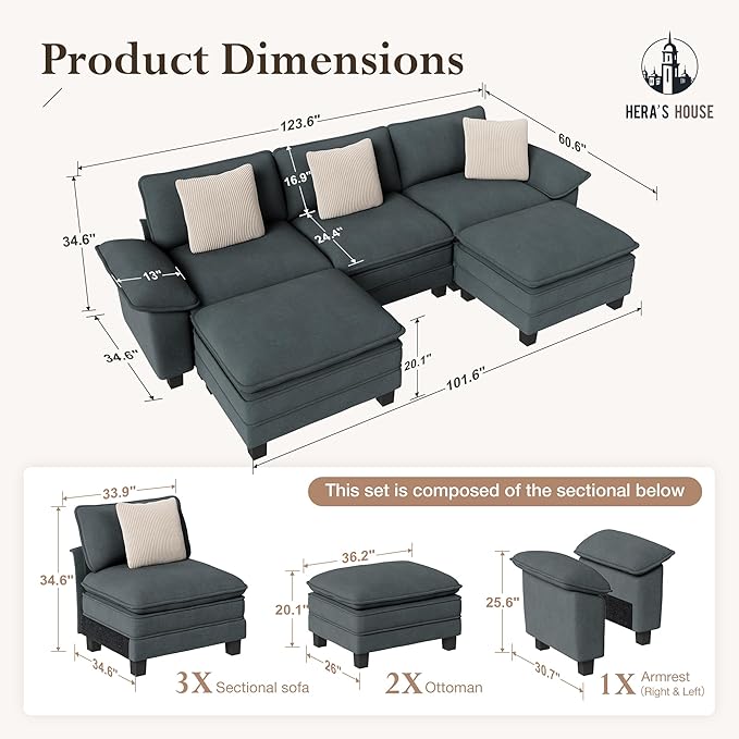 HERA'S HOUSE 124" Modular Sectional Sofa, Oversized U Shaped Couches
