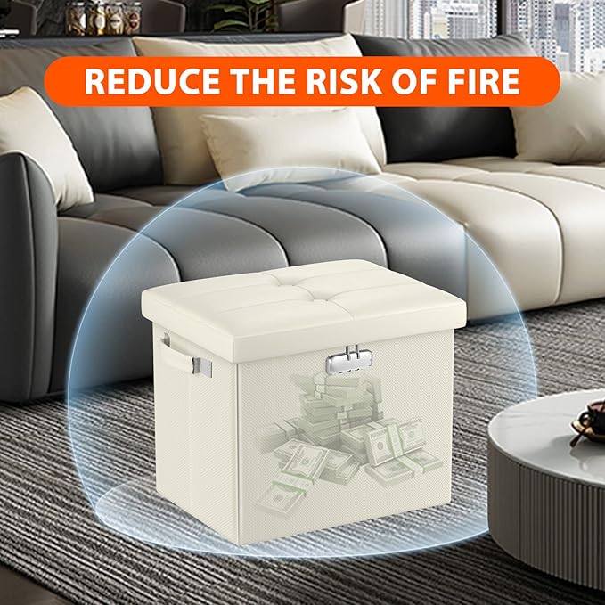 DocSafe Storage Ottoman with Lock, Fireproof＆Waterproof 17 Inches Folding
