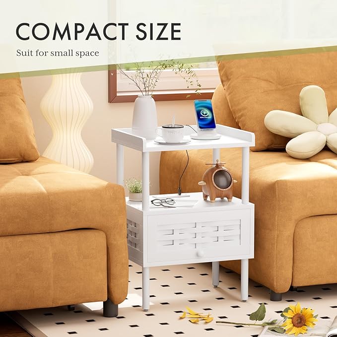 Amazer White Nightstand with Charging Station, Bamboo Night Stand