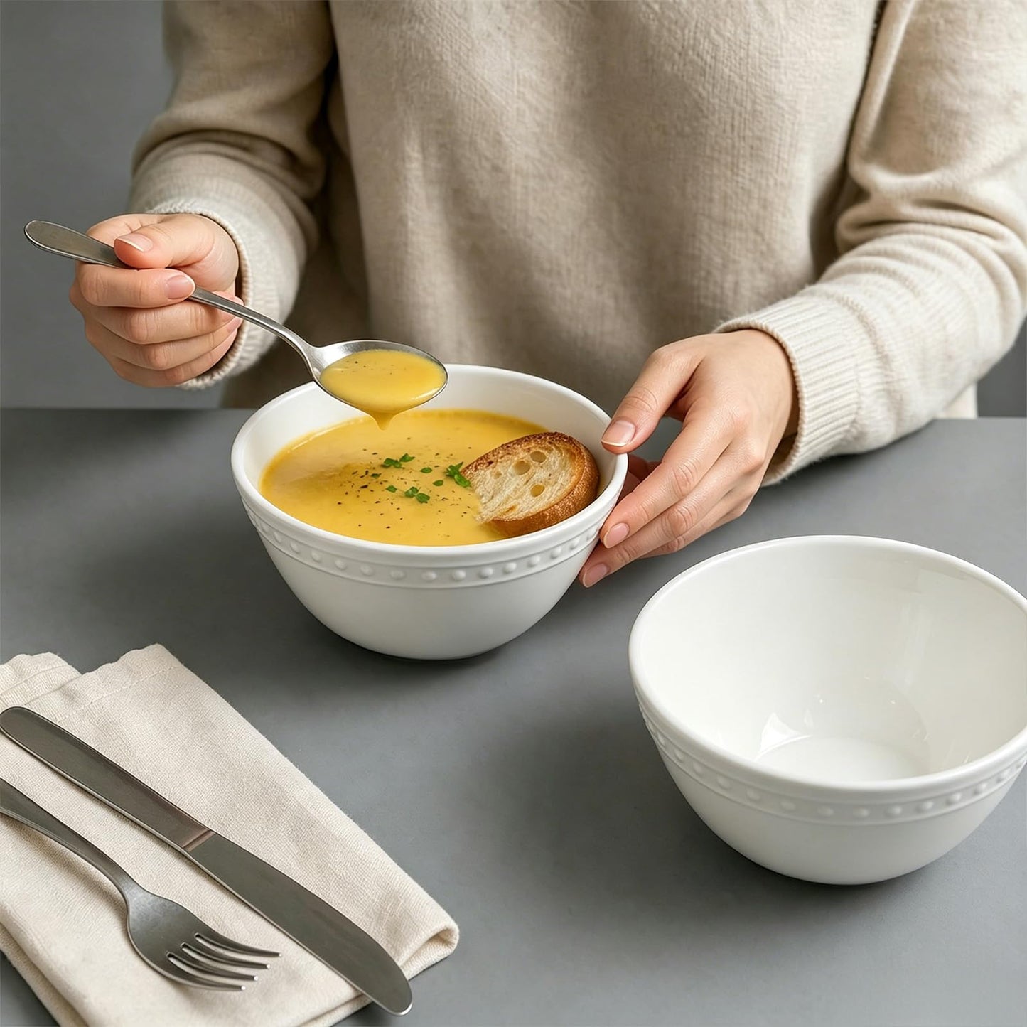 BEESEN 5.8in Basic White Beaded Melamine Plastic Cereal Bowl Set, Soup Bowls Set of 6, Dishwasher Safe, Break-Resistant, 23oz Melamine Bowls for Daily Use