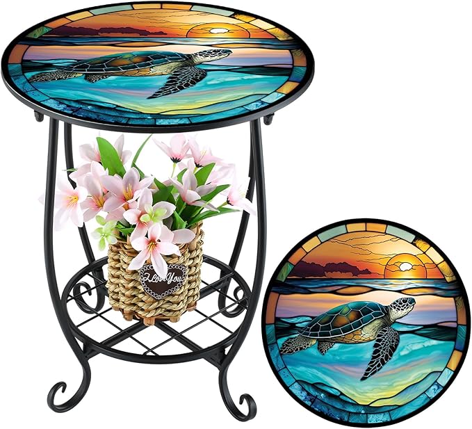 Cinnvoice Outdoor Side Table Round Small Mosaic Patio Accent Indoor End Plant