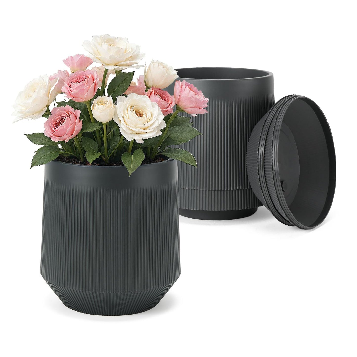 Yaghpy Plant Pots，Set of 3 Plastic Pots for Indoor Plants,Flower Pots Outdoor Planters with Drainage Hole and Seamless Saucer,Gray