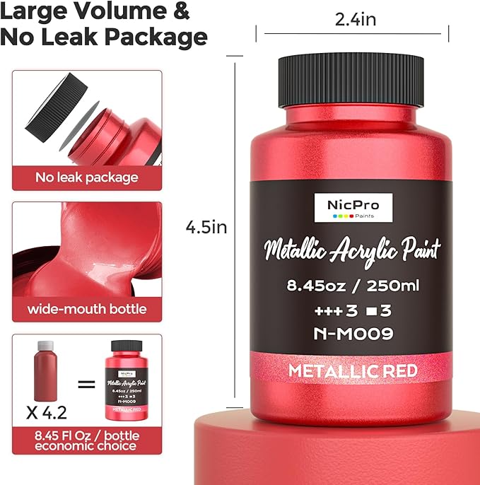 Nicpro Metallic Red Acrylic Paint, 8.45oz/250ml Large Metallic Paint, Non Toxic