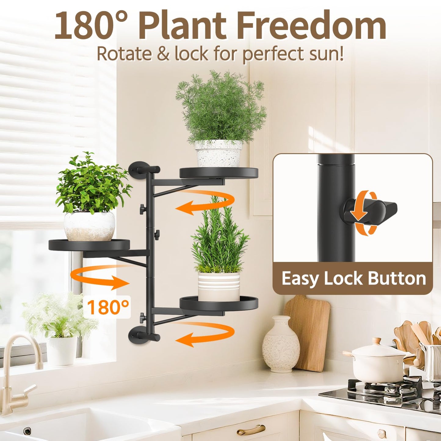 LASZOLA Rotating Plant Hangers Shelves Wall Mounted Indoor, 3 Tier Metal Window Plant Hanging Holders, Morden Floating Flower Display Stand with 2 Hooks for Kitchen Bathroom Decor, Black