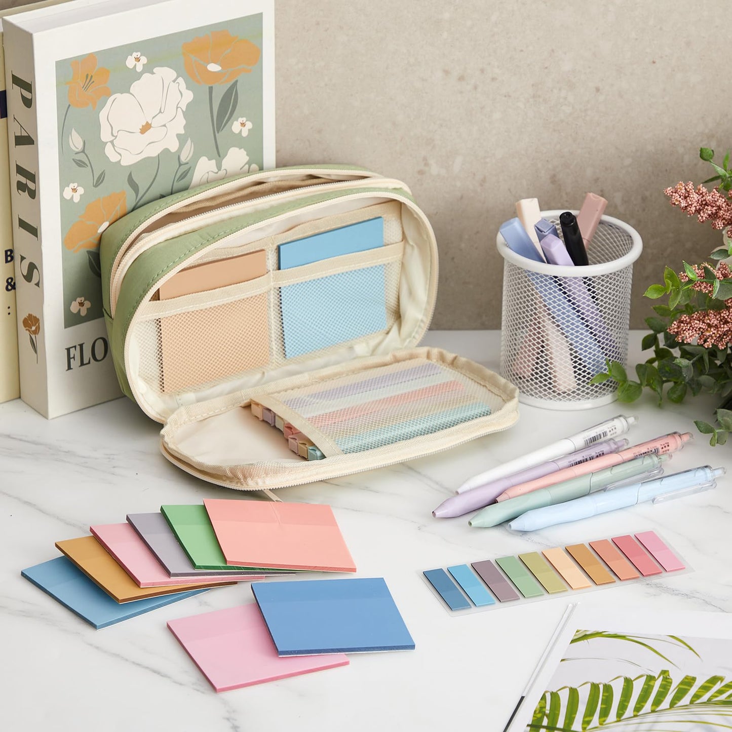 Jutom 39 Pcs Aesthetic Book Annotation Kit Highlighter with Pencil Case Bag Gel Pen Transparent Sticky Note Taking Bible Study College School Supplies (Green,Minimalist Style)