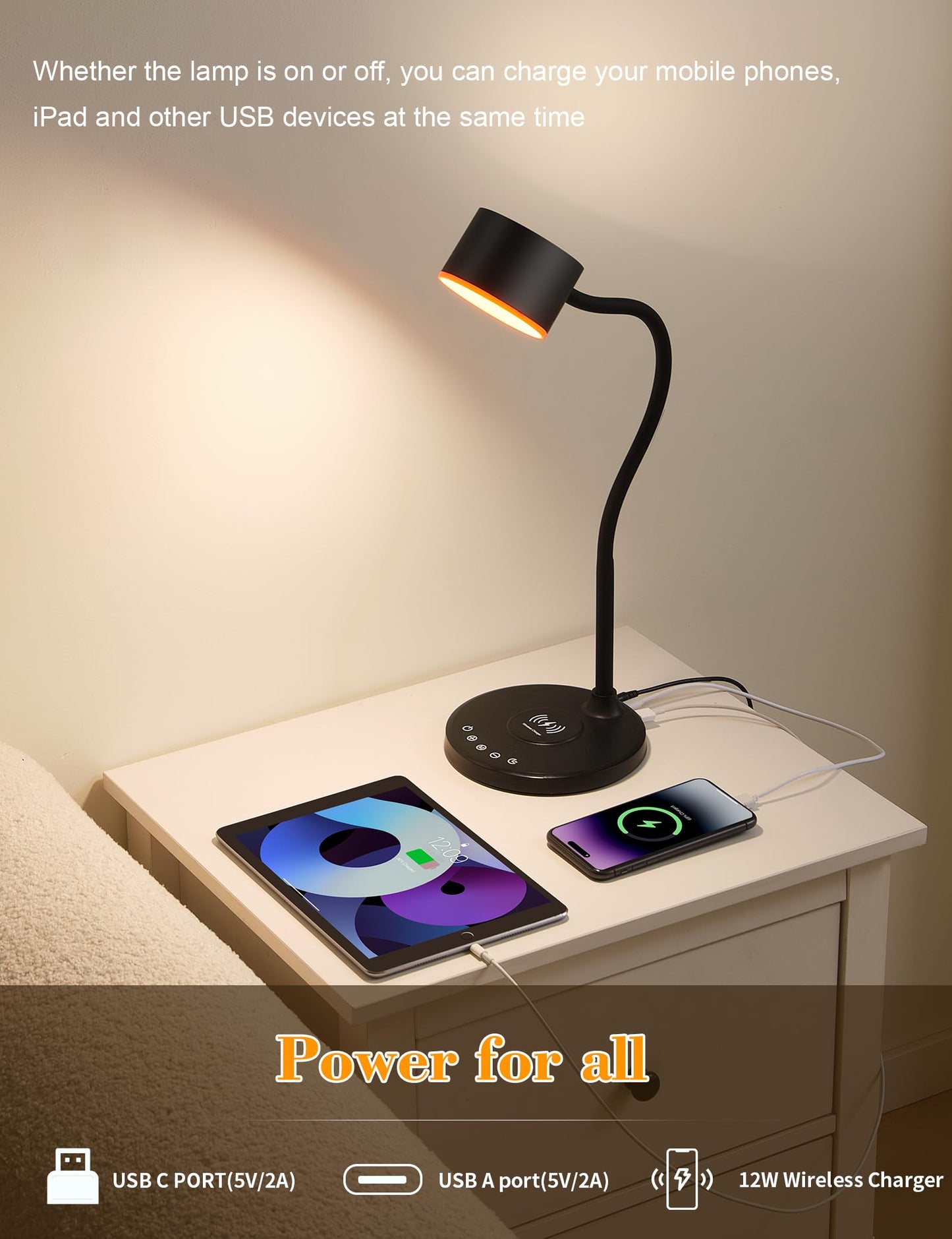 LED Desk Lamp with Wireless Charger, USB C + A Charging Ports, Eye-Caring Metal Bedside Lamp, 5 Colors Stepless Dimmable Reading Lamp, Touch Table Lamp Gooseneck Lamp for Home Office Dorm Black