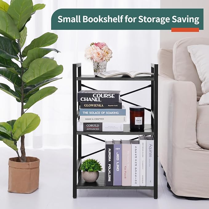 Yoobure Bookshelf Small Book Shelf, Solid Industrial 3 Tier Shelf Bookcase