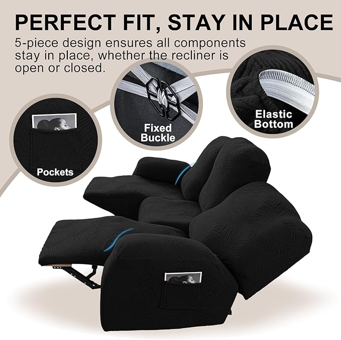 5-Piece Recliner Sofa Covers, Stretch Geometric Strokes Jacquard Recliner Sofa