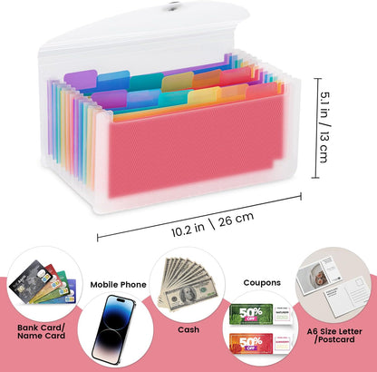 13 Pocket A6 Receipt Organizer, 2 Pack Small Accordion File Organizer, Coupon Organizer with Labels - Clear and Black