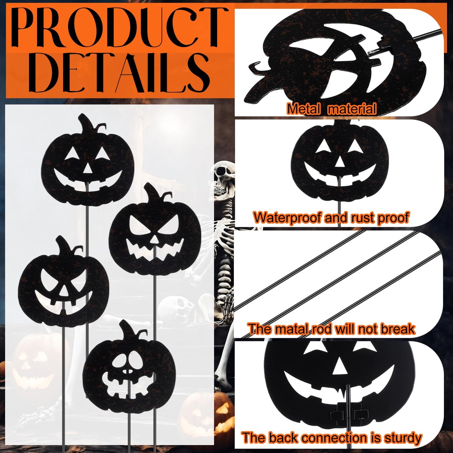 Chunful 4 Pcs Halloween Decorative Garden Stakes Jack O Pumpkin Garden Stakes for Flower Planter Pot Outdoor Metal Yard Sign Day of The Dead Decorations Halloween Patio Lawn Decor