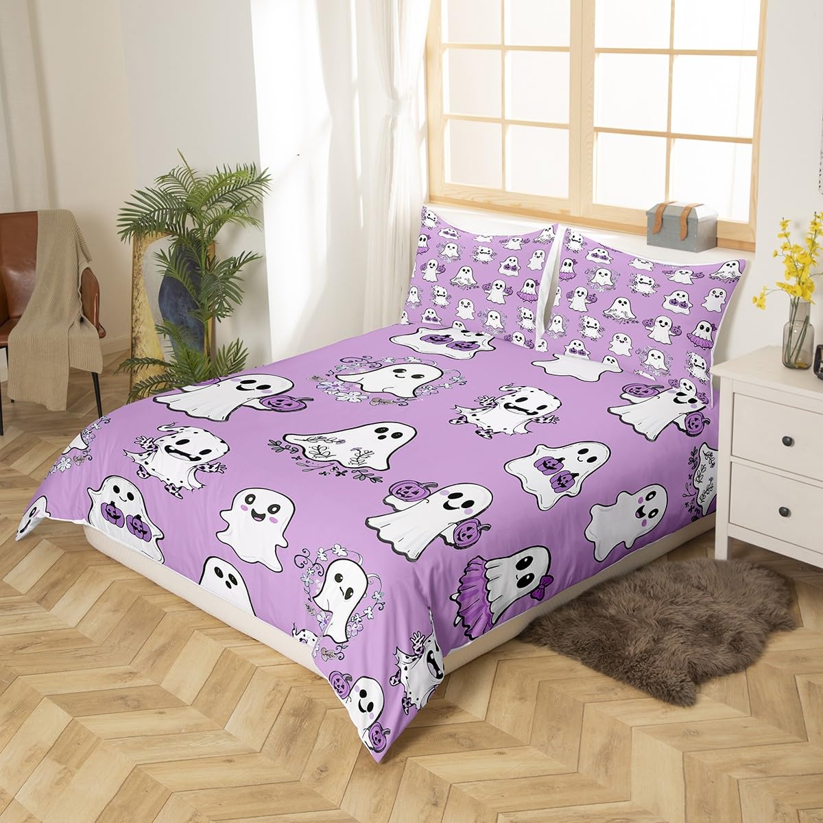 Cute Ghost Kids Duvet Cover Set Full Size, Halloween Theme Purple Bedding Set for Boy Girls, Pumpkin Lantern Floral Ghosts Comforter Cover, Soft Polyester Quilt Cover, 2 Pillowcases, No Comforter