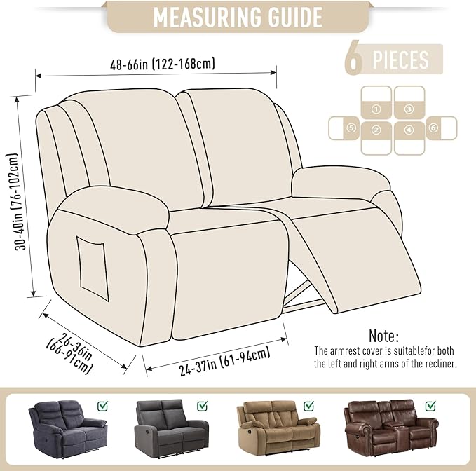 TAOCOCO Recliner Loveseat Slipcover, 6 Pieces Dual Recliner Sofa Covers