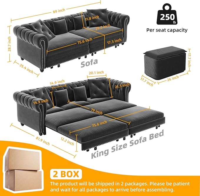 89" Velvet Pull Out Sofa Bed