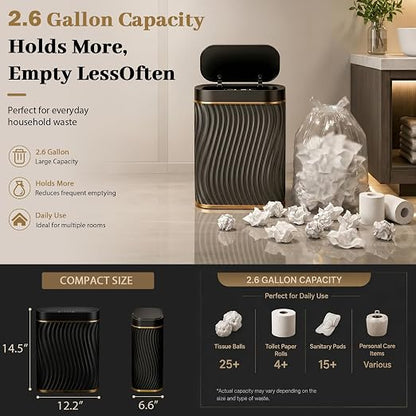 steo spce Automatic Motion Sensor Bathroom Small Trash Can with Lid, 2.6 Gallon Black Touchless Slim Garbage Can, Smart Waterproof Trash Bin for Bedroom, Restroom, Living Room, Office