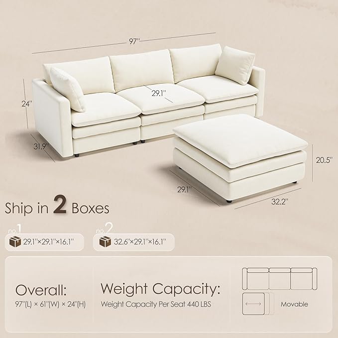 97" Cloud Couches for Living Room, 29.1" Deep Seat Modular Sectional Sofa
