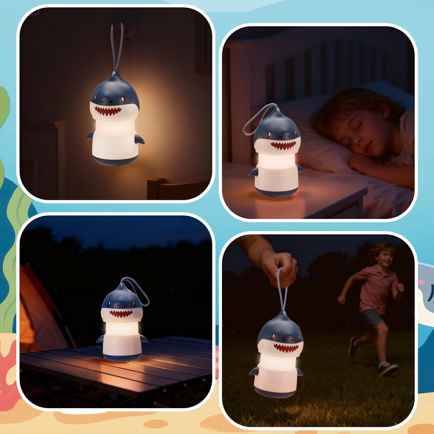 WORKPRO 2-Pack Kids Camping Lanterns with RGB Lights, Battery Powered with Lanyard, Fun Night Light Gifts for Kids - Shark Design