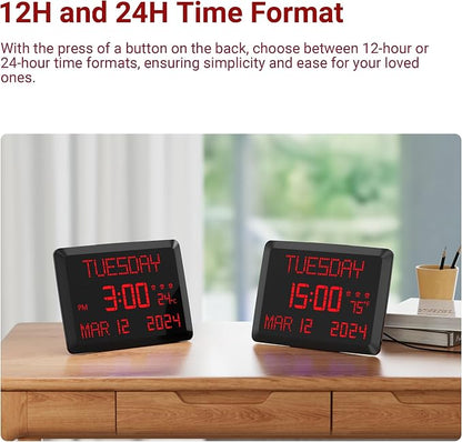 11.5” Extra Large Digital Wall Clock with Date and Day of Week , Electric Desk Clock for Seniors, Large Display Alarm Clock for Bedroom with Battery Backup, 5 Dimmer, 2 USB Ports, Indoor Temp, 12/24H