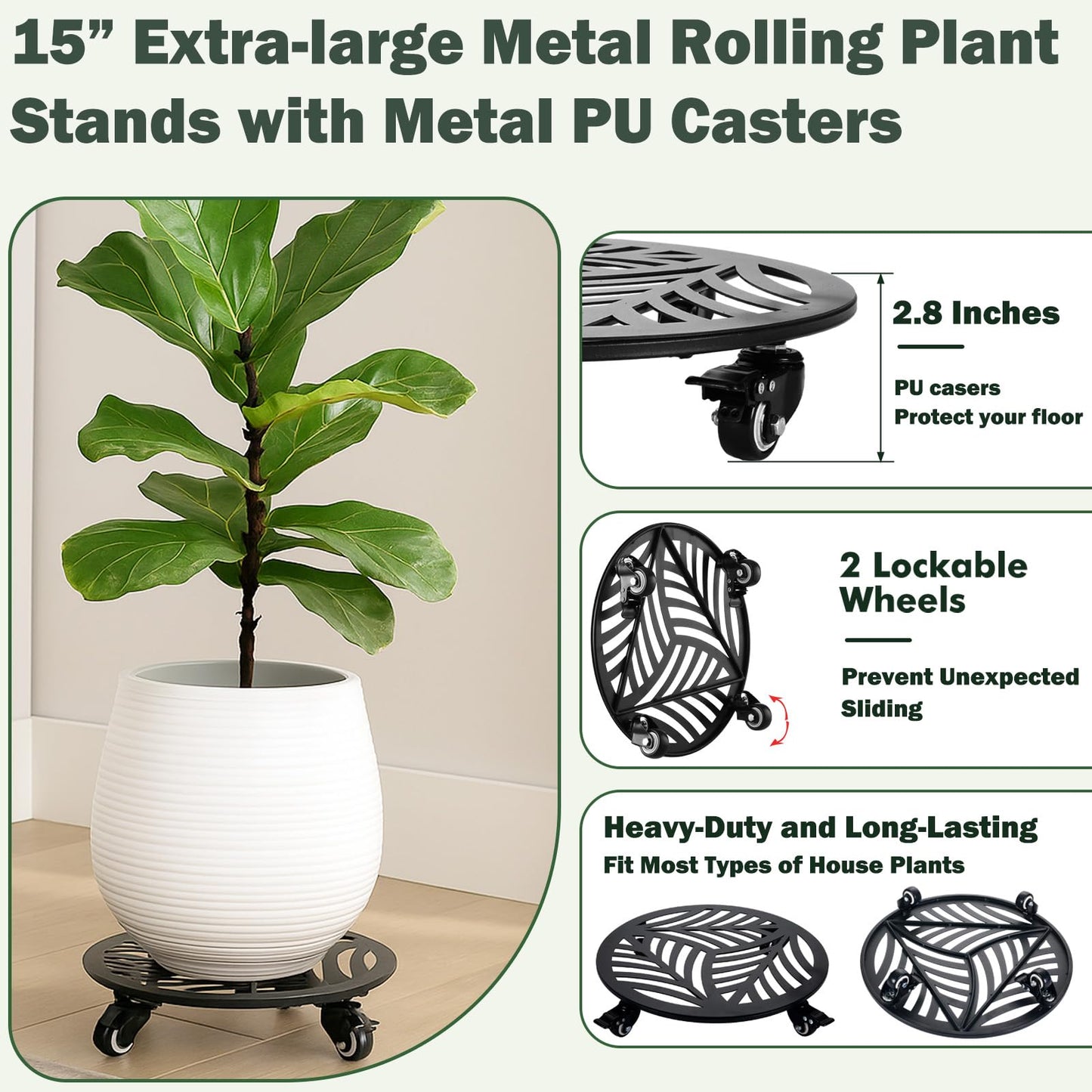 2 Pack 15 inches Extra-Large Metal Plant Caddy with Wheels Heavy-Duty Iron Rolling Plant Stand with Casters Indoor Outdoor Wheeled Plant Roller Base Pot Movers Plant Dolly Coaster Trolley Black