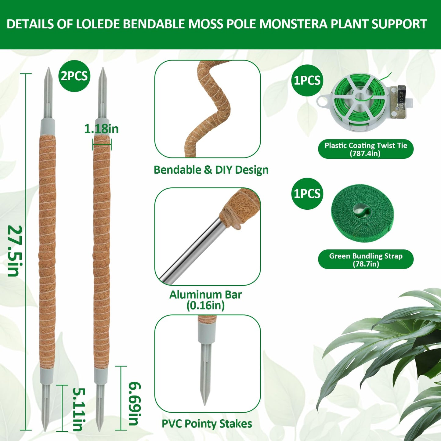 LOLEDE 4 Pack Moss Pole, 27.5 Inches Bendable Coco Coir Poles Monstera Plant Support for Climbing Indoor Plants, DIY Plant Stakes Kit Support for Pothos, Philodendron,Potted Plants