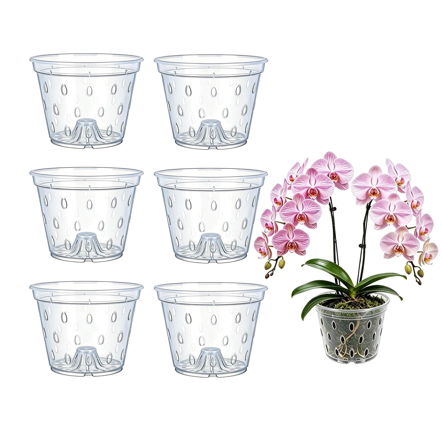 Gyfofix 6 Pack 5.9 Inch Clear Plastic Orchid Pots with Drainage Holes, Transparent Breathable Planters for Root Observation, Indoor Outdoor Orchid Cultivation