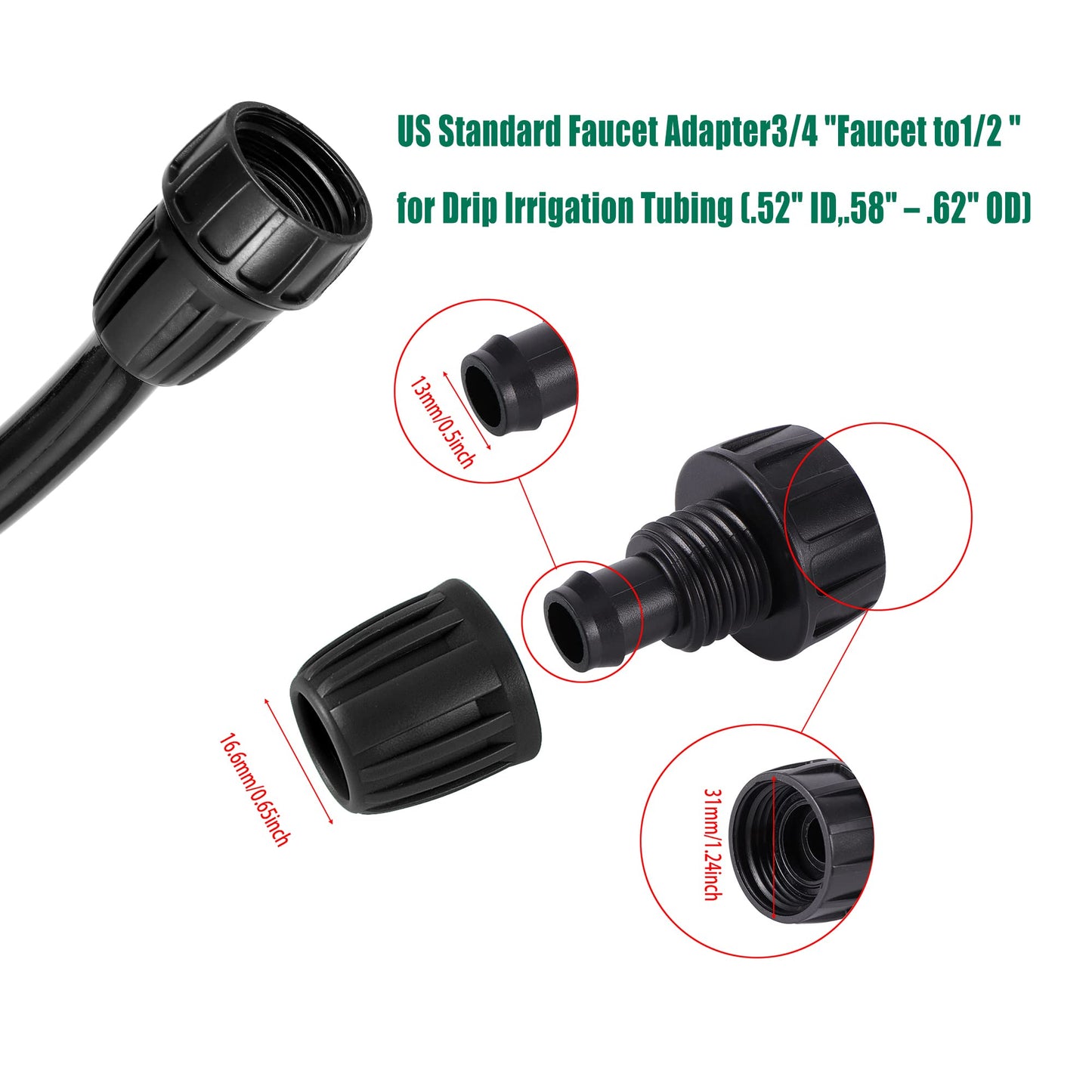 FULAIERGD 2 Way Y Water Splitter Connector for 3/4" Inch Garden Hose Spigot Faucet，with US Standard 3/4" Female GHT to 1/2' Hose Adapter for Drip Irrigation Tubing (.52" ID,.58" –.62" OD)
