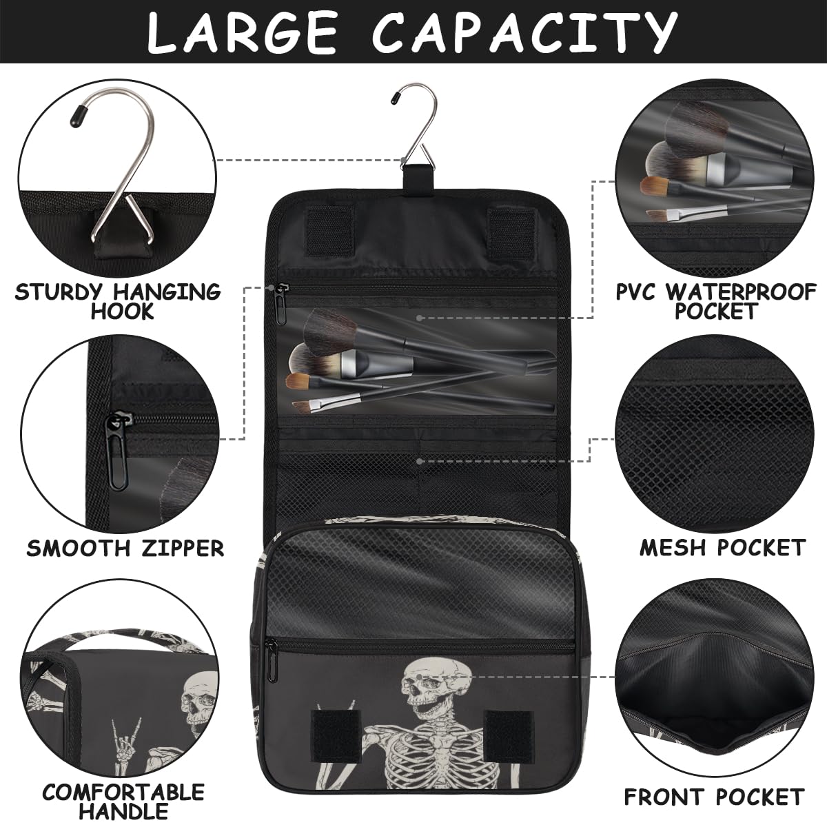 AUUXVA Hanging Toiletry Bag for Women, Halloween Skeleton Makeup Bag, Day of the Dead Cosmetic Bag, Travel Essentials for Women Men