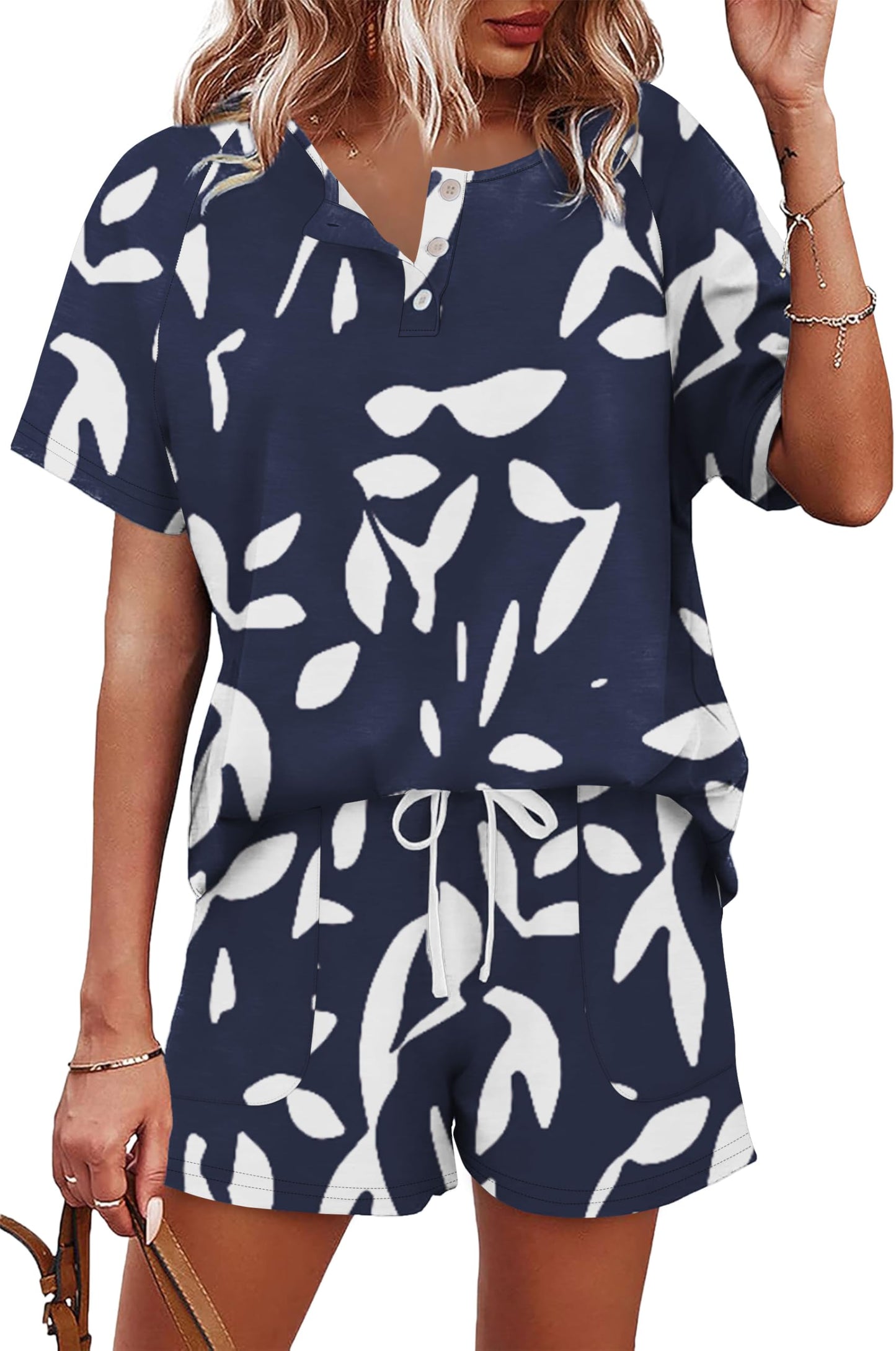 WIHOLL 2 Piece Sets For Women Summer Lounge Wear Matching Pajamas Set Graphic Tees And Shorts Track Suits Spring Break Clothes Floral Blue M