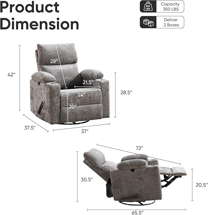 Swivel Rocker Recliner with Adjustable Armrests, Rocking Nursery Chair with