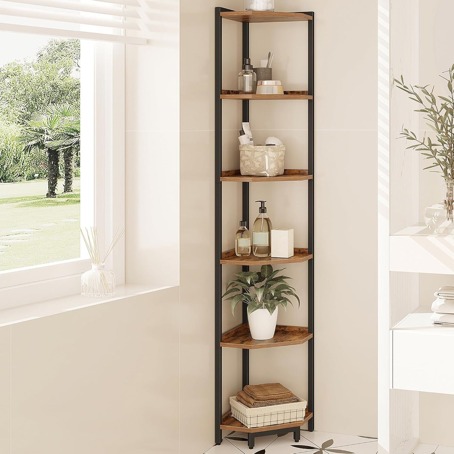 Hzuaneri Corner Shelf Stand, Corner Bookshelf, Storage Standing Shelf Unit with Metal Frame, Plant Stand, Bookcase for Living Room, Home Office, Bedroom, 6-Tier Rustic Brown CS06001B