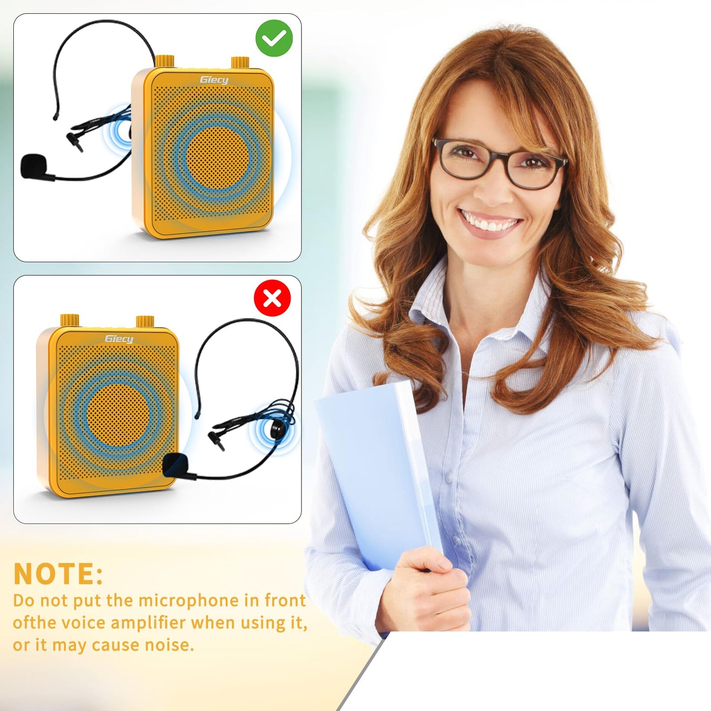Giecy Voice Amplifier, Giecy 30W 2800mAh Rechargeable Personal Voice Amplifier with Microphone Headset, Portable Speaker for Multiple Locations Classroom, Meetings and Outdoors (G300-Yellow)