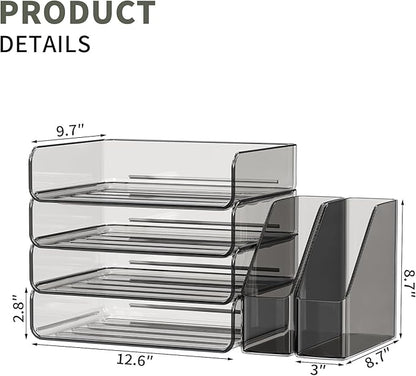 FANXIYQ Acrylic Paper Organizer with Movable Bookends, 4-Tier Stackable Paper Tray for Desk, Brown Clear File & Letter Tray Organizer Office