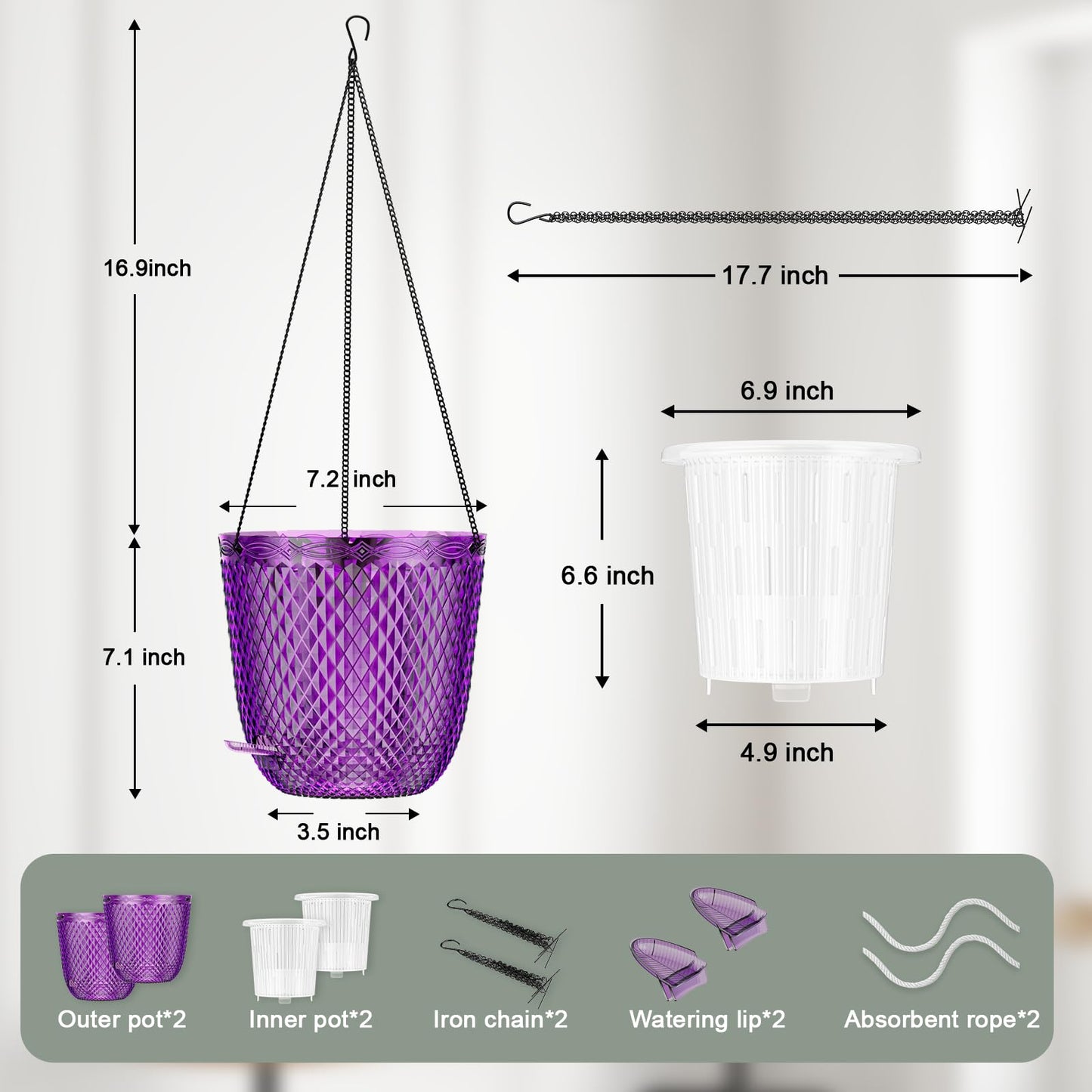 QCQHDU Hanging Planters for Indoor Plants, 2-Pack 7.2 Inch Self Watering Hanging Pots, Plastic Plant Hanger with Drainage Holes and 3 Hooks Chains for Garden Home (Purple)