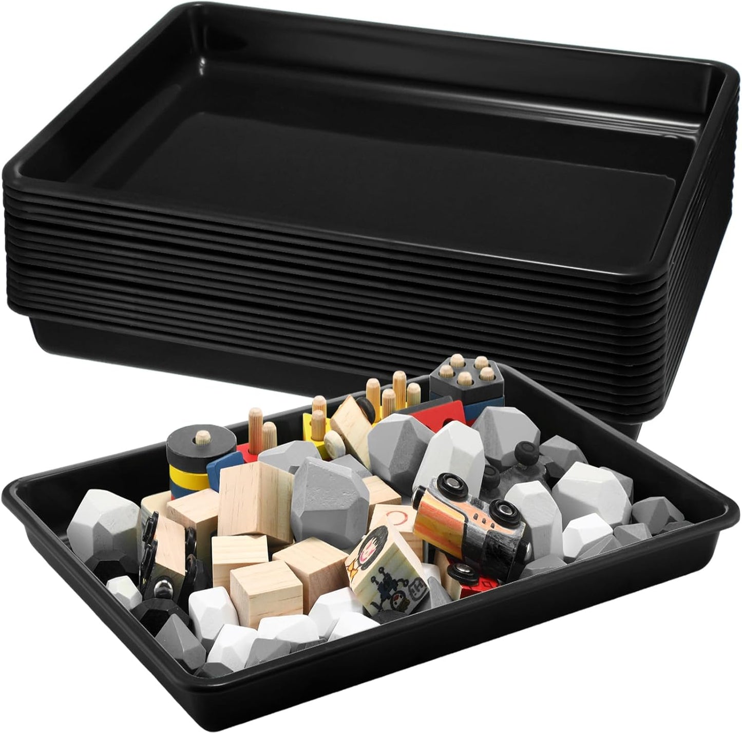 Maitys 15 Pcs Flat Plastic Trays 16.1 x 11.8'' Sensory Storage Tray Paper Stackable Classroom Bins for Office Home Organizer Arts and Crafts Supplies(Black)