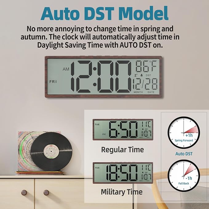 15" Large Digital Wall Clock Battery Operated Black, Clock with Large Display Numbers, Calendar, Auto DST, Clocks for Living Room, Kitchen, Office, Bedroom