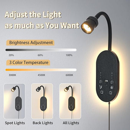 Wall Reading Light, LED Book Lights for Reading at Night, Wall Lamp with 3 Color Temperature & Timers, Adjustable Gooseneck Headboard Plug in Wall Sconce with USB C+A Ports