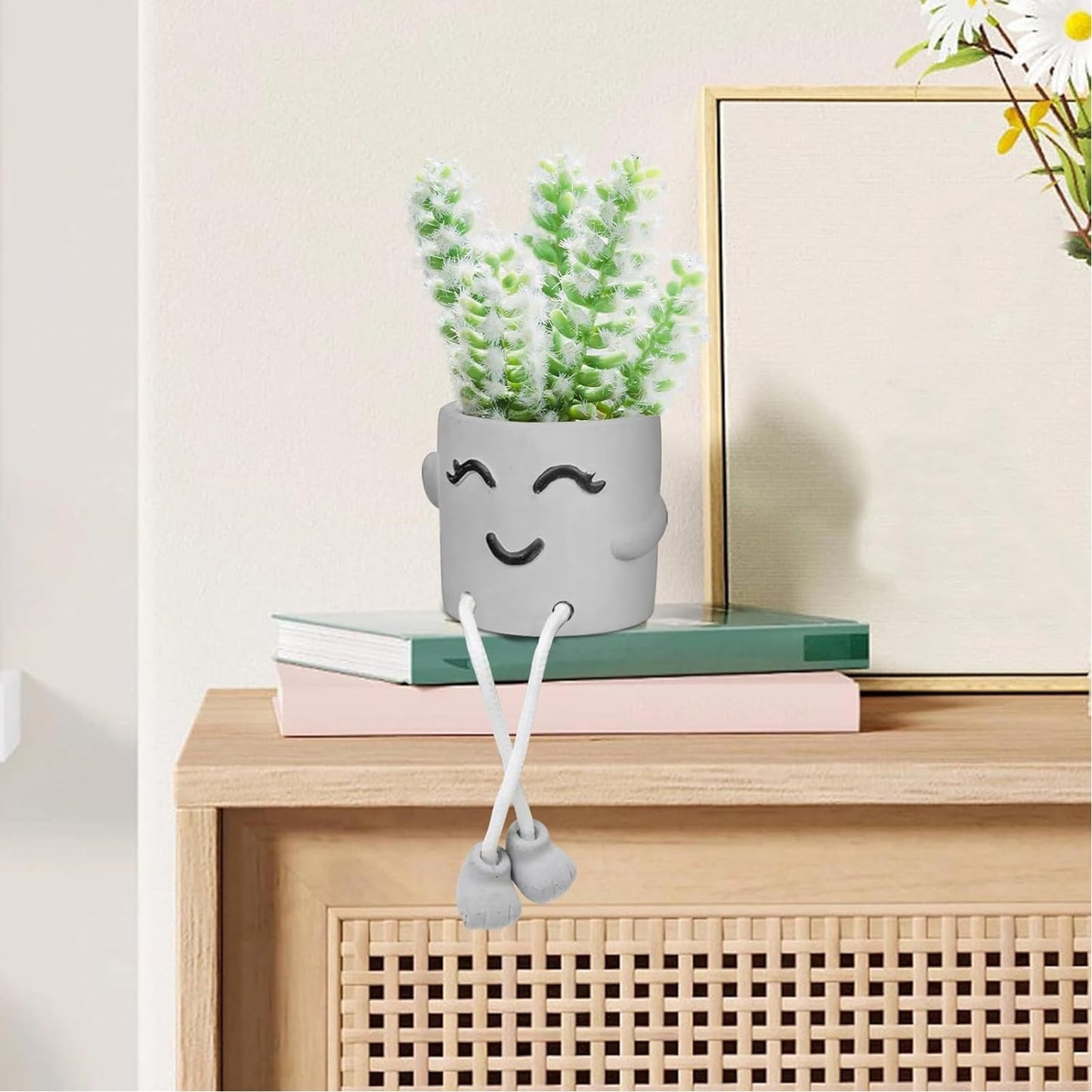 Uguisu 1 Piece Gray Cute Smiley Cement Planter, Small Plant Pot, Indoor Succulent Pot, Fun Planter with Hanging Feet for Living Room, Office, Desk and Bathroom Shelf Decor (Plants Not Included).