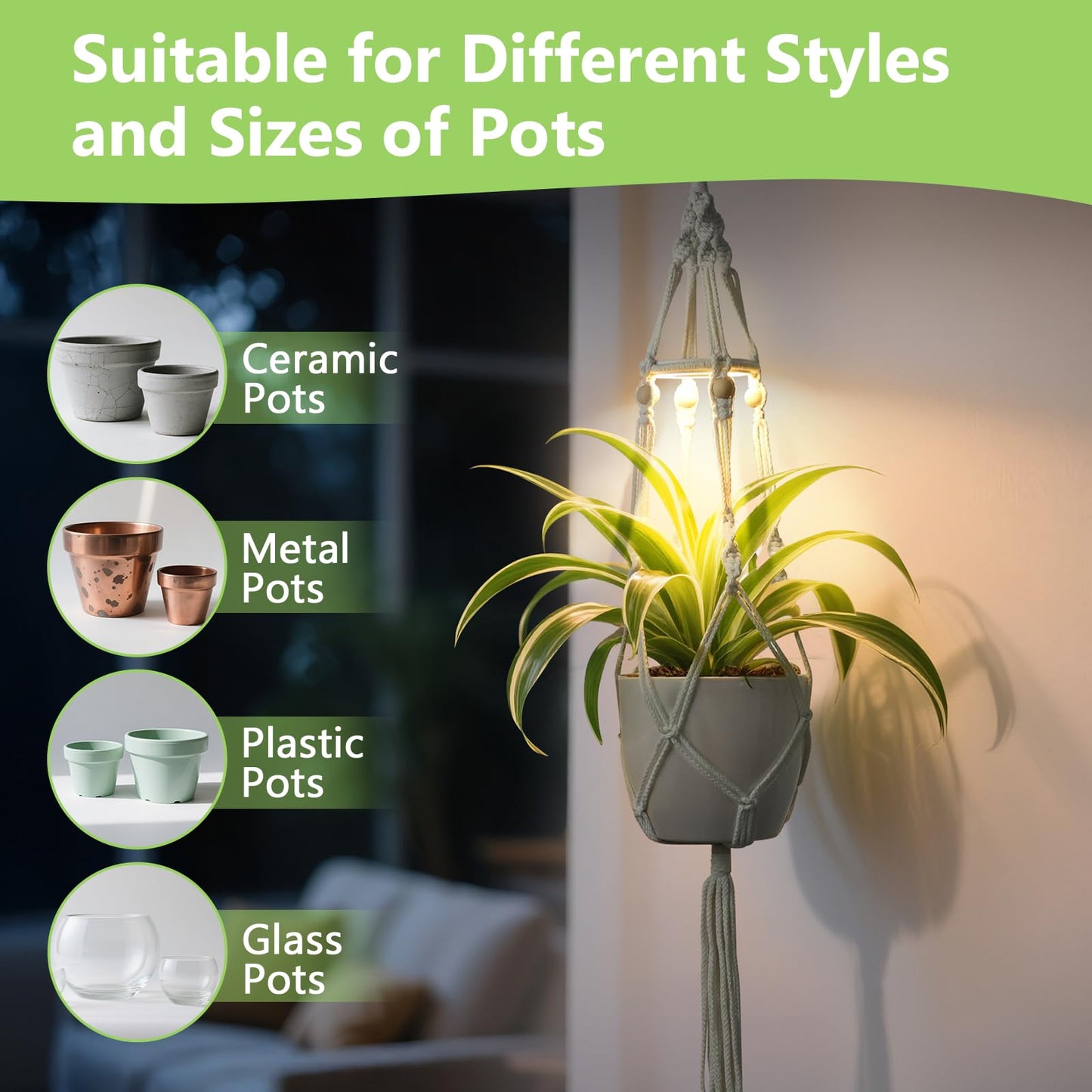 MSFON 2 Pack Macrame Plant Hanger with Grow Light: Sturdy Hanging Planters for Indoor Plants, Cute Plant Holder with Plant Light, Fits 5–9 Inch Pots (Daylight Spectrum)