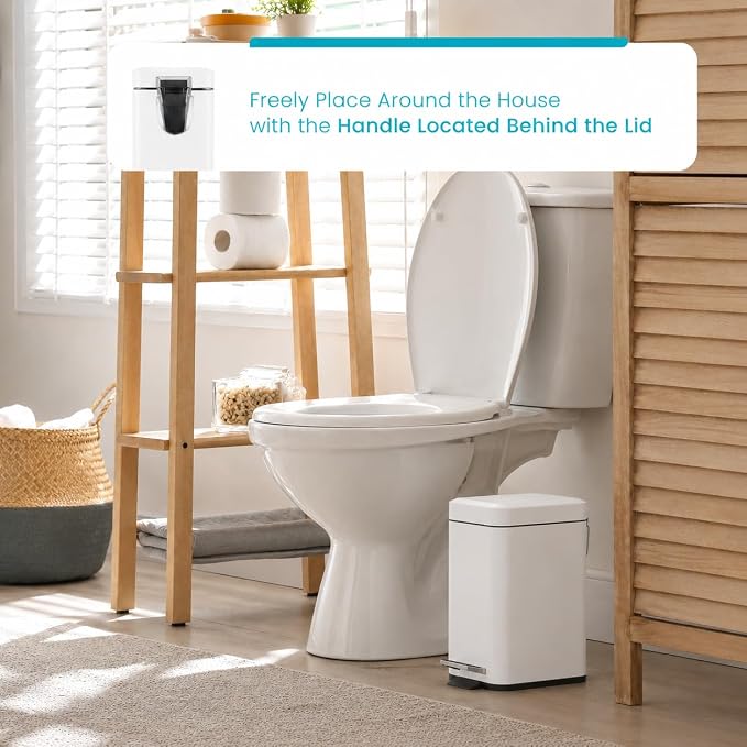 Home Zone Living 1.3 Gallon Small Bathroom Trash Can with Lid and Step Pedal, Stainless Steel Wastebasket with Slim Design for Home and Office, Matte White, 5 Liters