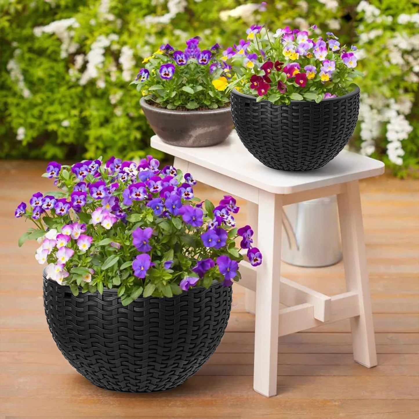 Foraineam Dual-Pot Self-Watering Hanging Planters, Black, 2 Pack, Indoor/Outdoor, Rattan Design, 10.2in and 8.2in
