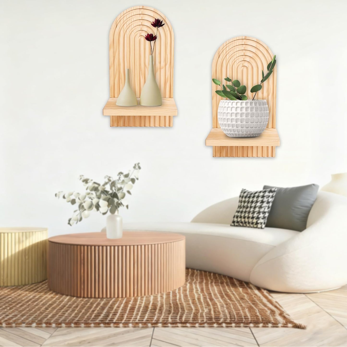 ZELURA 2 Pieces Boho Wall Shelf, Mid Century Shelves, Decorative Storage Unit, Decorative Bohemian Rainbow Hanging Shelves for Bathroom, Bedroom, Kitchen, Living Room, Laundry Room (Natural)