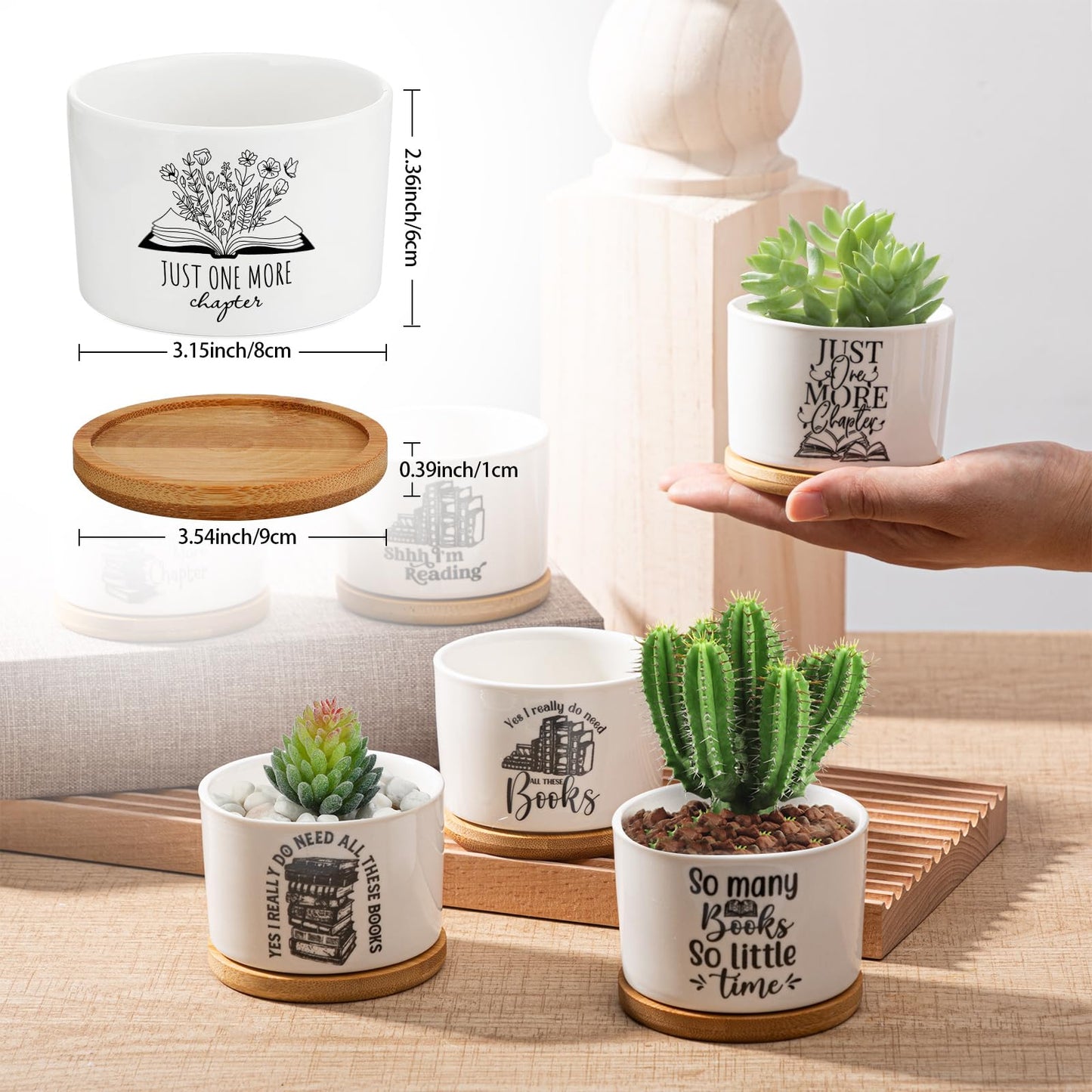 Havawish 12 Pcs Book Lover Gifts Succulent Pots Ceramic Bookworm Planter Pot with Bamboo Tray Bookish Succulent Planter Thank You Gift for Women Teachers Employee, Bookshelf Decor